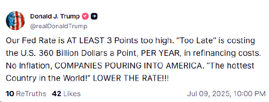 特朗普：美联储利率至少高了3个百分点 第1张